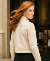 Comprar jaqueta feminina de lã batida branco com zíper dourado e bolsos frontais estilosos para dias frios com elegância ANELLIMN